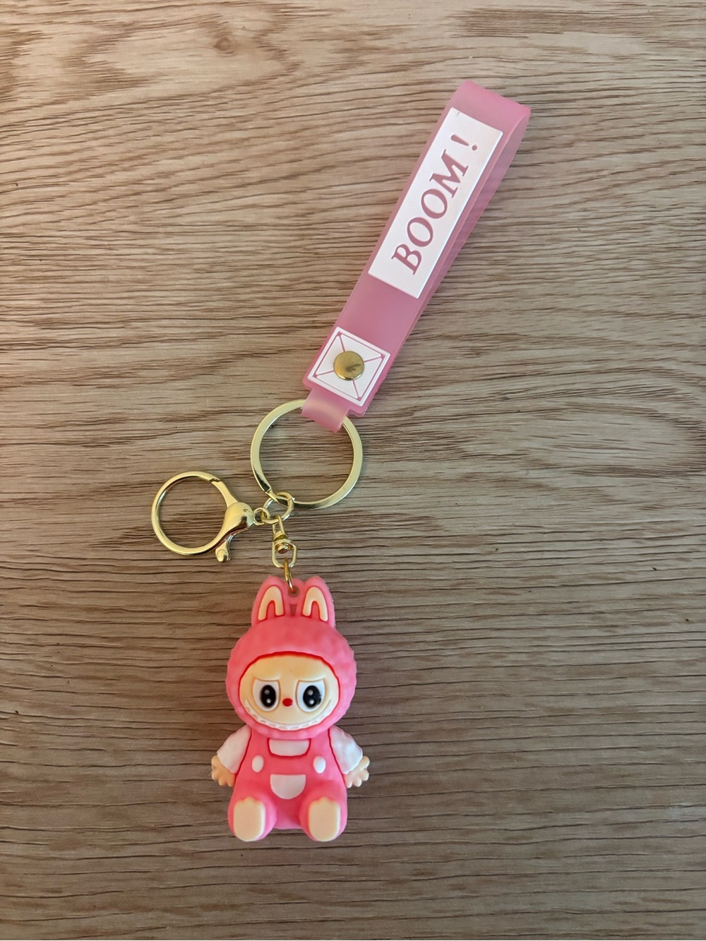 Pink 'Boom!' Bunny Character Keychain Card Holder Strap